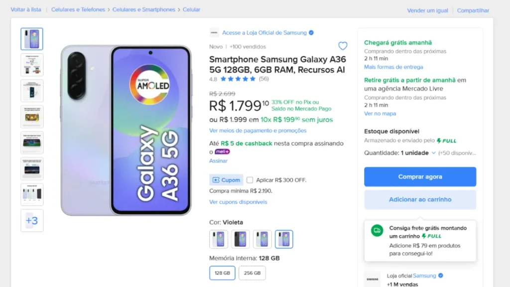 Preço do Samsung Galaxy A36 de 128gb no Mercado Livre