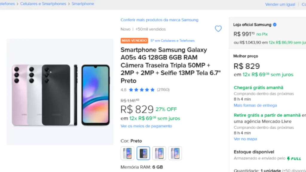 Galaxy A05s em oferta no Mercado Livre.