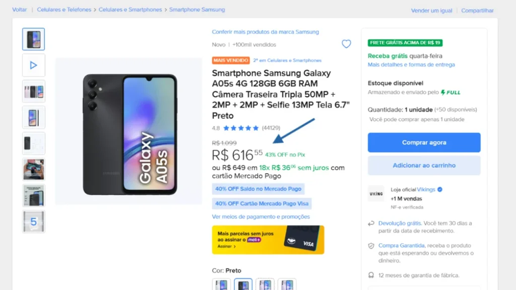 Print do Galaxy A05s em oferta hoje (13), no Mercado Livre.
